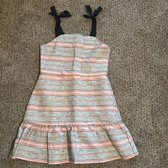 GB GIRLS PINK/GREY TIE SHOULDER STRIPED WOVEN DROP WAIST DRESS size 14 - Picture 3 of 6